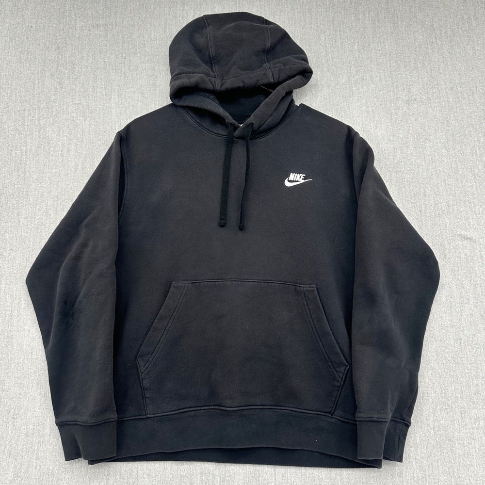 Nike Hoodie Mens Medium Black Club Fleece Pullover Swoosh Logo Sportswear